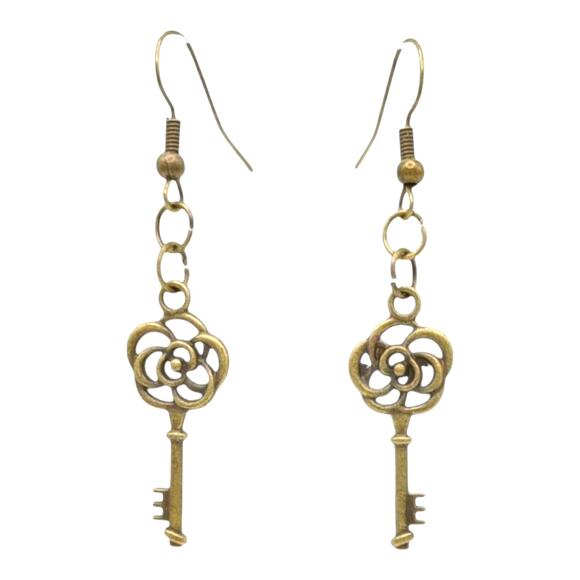 Vintage Inspired Key Dangle Earrings Steampunk Jewelry Flower - Picture 1 of 3